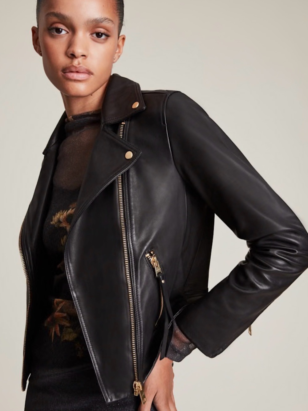 All Saints Black Leather Biker Jacket with Gold Hardware Accents - Picture 14 of 15